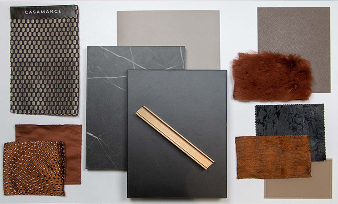 black grey and gold interior moodboard